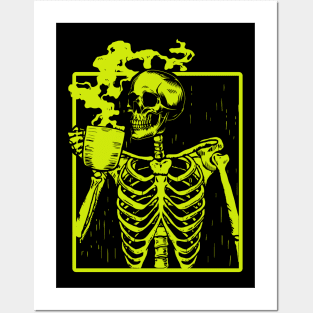 Coffee Drinking Skeleton Skull Halloween Posters and Art